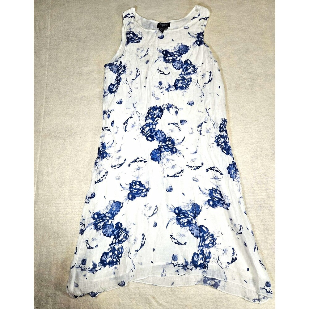 Papillon Women's Size L White/Blue Floral Chiffon Scoop Neck Shift Knee Dress